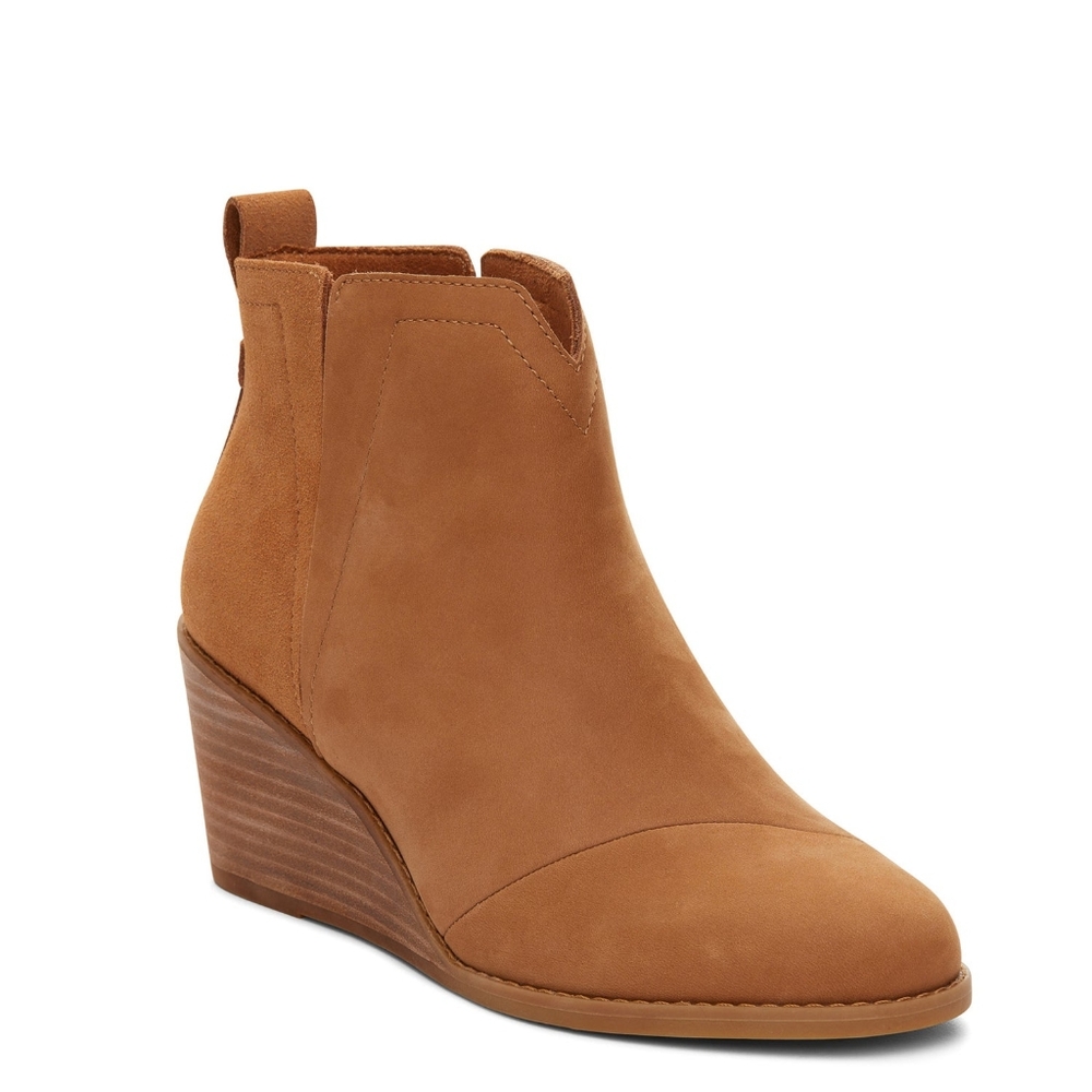 TOMS tan leather/suede wedge boots